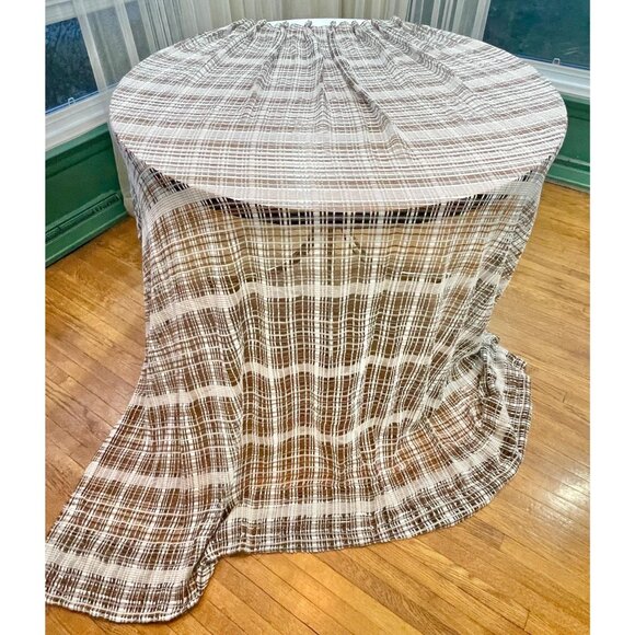 Vintage 70s net woven curtain, beige and brown large mesh, pleated panel - Picture 1 of 10